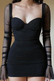 Sexy Solid Color Mesh V Neck Wrapped Skirt Dresses