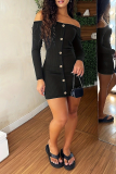 Sexy Solid Color Buttons Patchwork Off Shoulder Wrapped Skirt Dresses