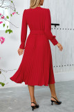 Elegant Solid Color With Belt Weave V Neck Pleated Dresses