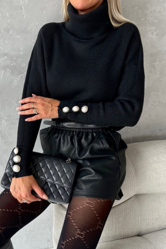 Casual Solid Color Pearls Decor Weave Turtleneck Tops