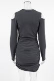 Sexy Solid Color Hollow Out Ruched O Neck Wrapped Skirt Dresses