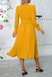 Elegant Solid Color With Belt Weave V Neck Pleated Dresses