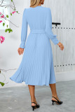 Elegant Solid Color With Belt Weave V Neck Pleated Dresses