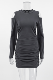 Sexy Solid Color Hollow Out Ruched O Neck Wrapped Skirt Dresses