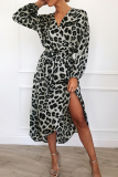 Sexy Leopard Lace Up Irregular V Neck A Line Dresses