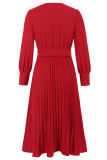 Elegant Solid Color With Belt Weave V Neck Pleated Dresses