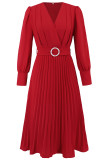 Elegant Solid Color With Belt Weave V Neck Pleated Dresses