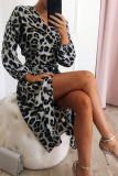 Sexy Leopard Lace Up Irregular V Neck A Line Dresses