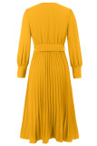 Elegant Solid Color With Belt Weave V Neck Pleated Dresses