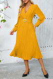 Elegant Solid Color With Belt Weave V Neck Pleated Dresses
