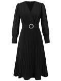 Elegant Solid Color With Belt Weave V Neck Pleated Dresses
