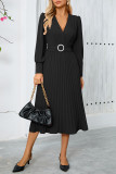 Elegant Solid Color With Belt Weave V Neck Pleated Dresses