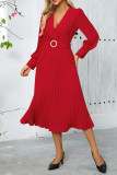Elegant Solid Color With Belt Weave V Neck Pleated Dresses