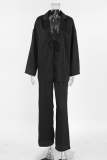 Sexy Street Solid Color Lace Up Tinsel Turn-back Collar Long Sleeve Two Pieces