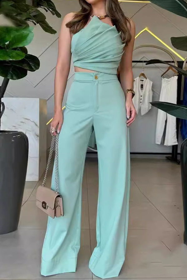 Casual Solid Color Ruched Irregular Strapless Sleeveless Two Pieces