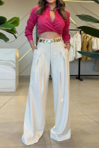 Sexy Street Solid Color Pocket Patchwork Turndown Collar Long Sleeve Two Pieces(No Belt)