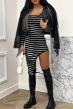 Casual Street Stripe Patchwork Slit Contrast Square Neck Irregular Dresses
