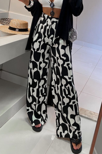 Casual Geometric Print Pocket Loose High Waist Full Print Bottoms