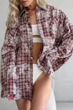 Casual Street Plaid Distressed Buttons Contrast Turndown Collar Tops