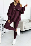 Casual Solid Color Buttons Texture Hooded Long Sleeve Three Pieces