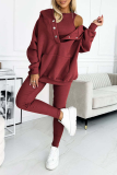 Casual Solid Color Buttons Texture Hooded Long Sleeve Three Pieces