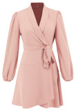 Daily Elegant Solid Color Lace Up Ruffle V Neck Irregular Dresses
