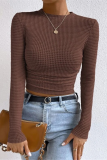 Casual Daily Solid Color Plaid Ruched O Neck Tops