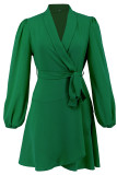 Daily Elegant Solid Color Lace Up Ruffle V Neck Irregular Dresses