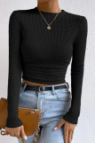 Casual Daily Solid Color Plaid Ruched O Neck Tops