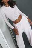 Casual Daily Solid Color Hollow Out Buttons O Neck Long Sleeve Two Pieces