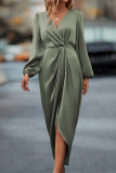 Casual Elegant Solid Color Ruched V Neck One Step Skirt Dresses