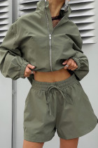 Casual Street Solid Color Lace Up Zipper Turndown Collar Long Sleeve Two Pieces