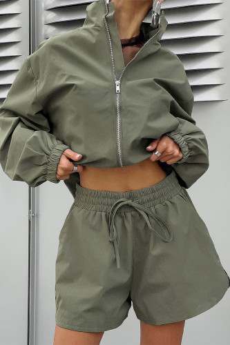 Casual Street Solid Color Lace Up Zipper Turndown Collar Long Sleeve Two Pieces