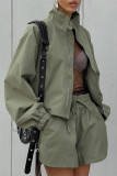 Casual Street Solid Color Lace Up Zipper Turndown Collar Long Sleeve Two Pieces