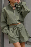 Casual Street Solid Color Lace Up Zipper Turndown Collar Long Sleeve Two Pieces