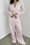Casual Daily Solid Color Hollow Out Buttons O Neck Long Sleeve Two Pieces