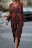 Casual Elegant Solid Color Ruched V Neck One Step Skirt Dresses