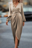Casual Elegant Solid Color Ruched V Neck One Step Skirt Dresses
