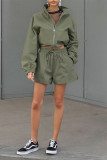 Casual Street Solid Color Lace Up Zipper Turndown Collar Long Sleeve Two Pieces