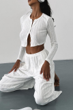 Casual Daily Solid Color Hollow Out Buttons O Neck Long Sleeve Two Pieces