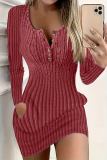 Sexy Solid Color Pocket Buttons U Neck Wrapped Skirt Dresses