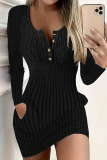 Sexy Solid Color Pocket Buttons U Neck Wrapped Skirt Dresses