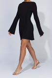 Casual Solid Color Lace Up Backless O Neck Long Sleeve Dresses