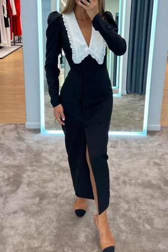 Celebrities Elegant Solid Color Slit Contrast Peter Pan Collar One Step Skirt Dresses