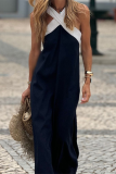 Casual Solid Color Patchwork Contrast V Neck Sling Dresses