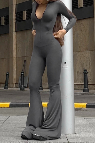 Casual Street Solid Color Zipper O Neck Skinny Jumpsuits