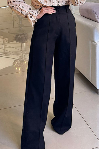 Casual Daily Solid Color Pocket Buttons Loose High Waist Straight Solid Color Bottoms