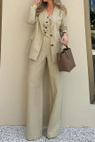 Casual Solid Color Pocket Buttons Turn-back Collar Long Sleeve Three Pieces