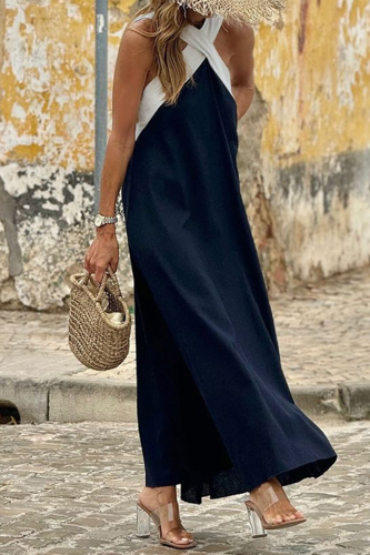 Casual Solid Color Patchwork Contrast V Neck Sling Dresses