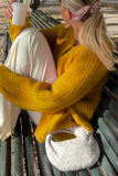 Casual Solid Color Buttons Weave O Neck Outerwear